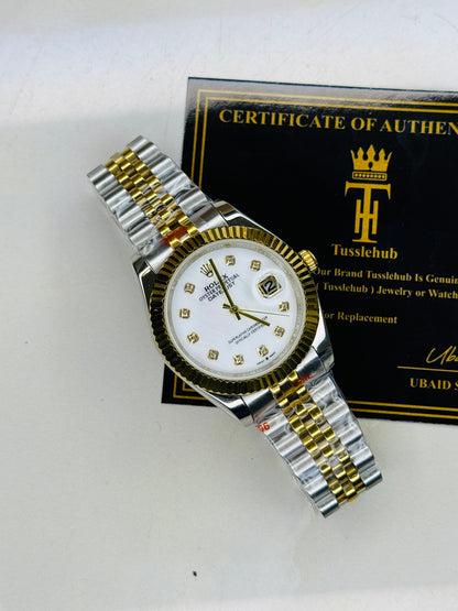Jubilee Date Just Two Tone Diamond Fluted White Dial Quartz Watch