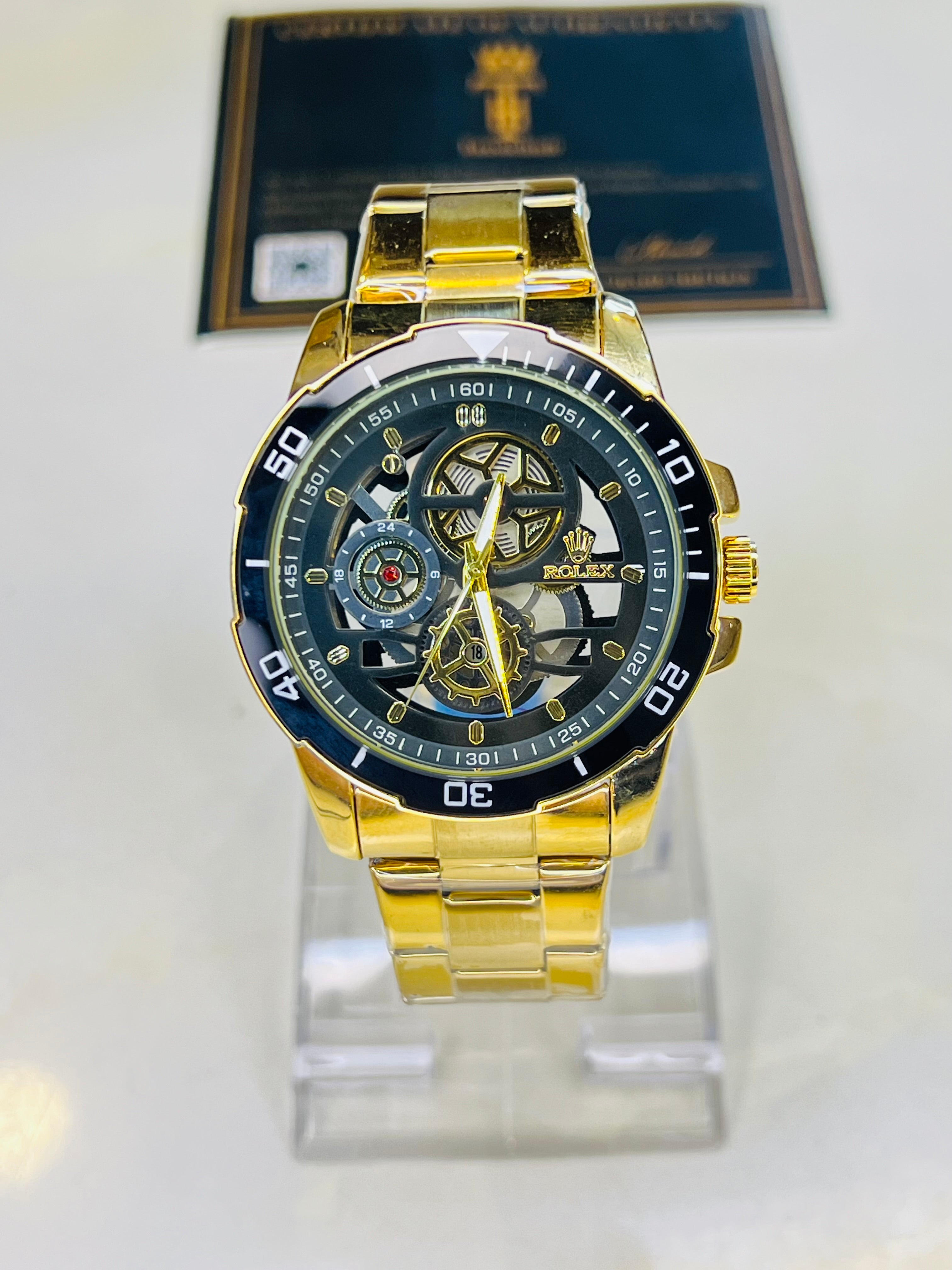 Gold Black Dial Gear Rolex Watch