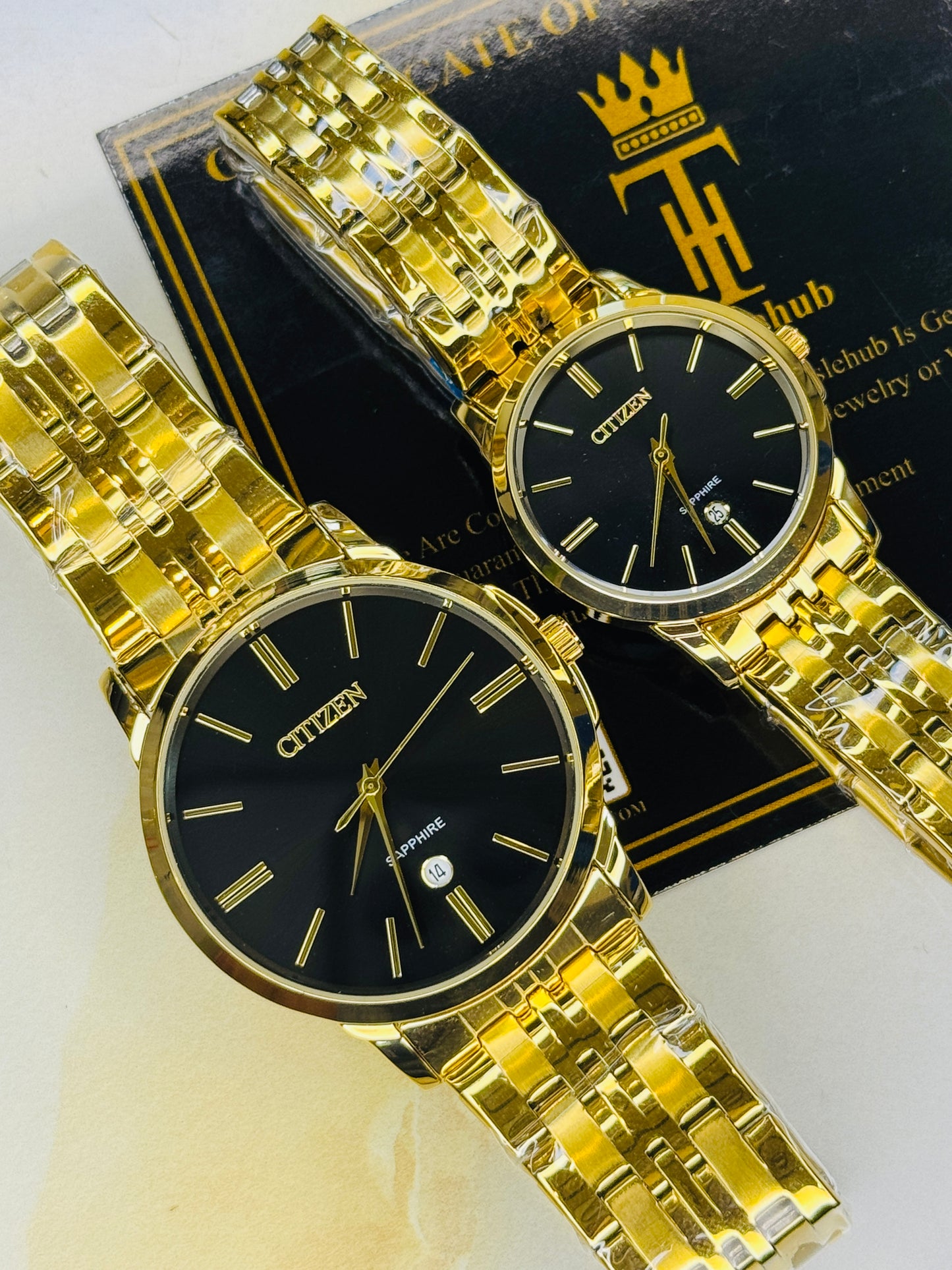 Gold Black Down Date Citizen Couple Watch