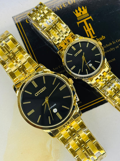 Gold Black Down Date Citizen Couple Watch