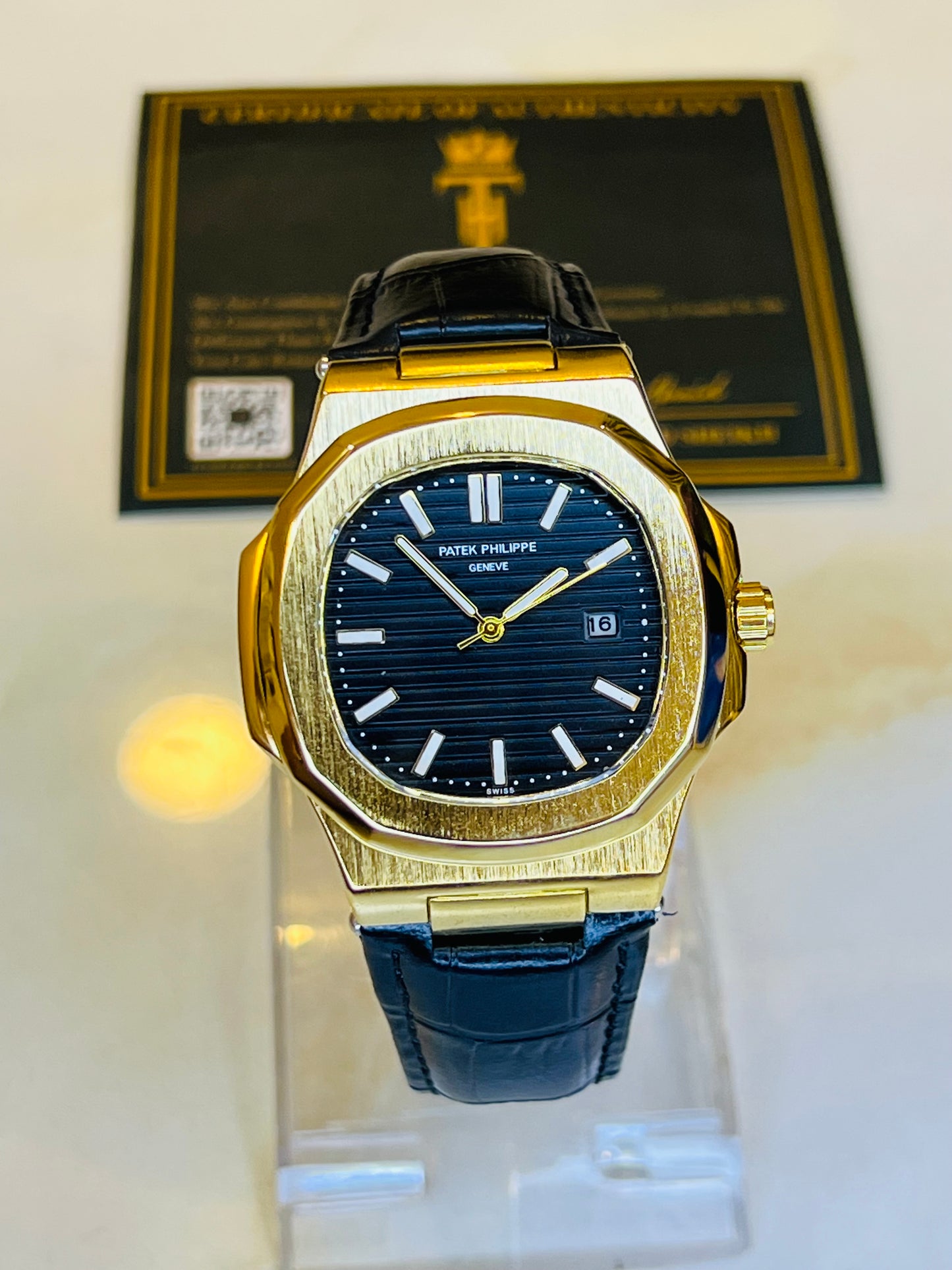 Black Leather Gold Black Dial Nautilus Watch