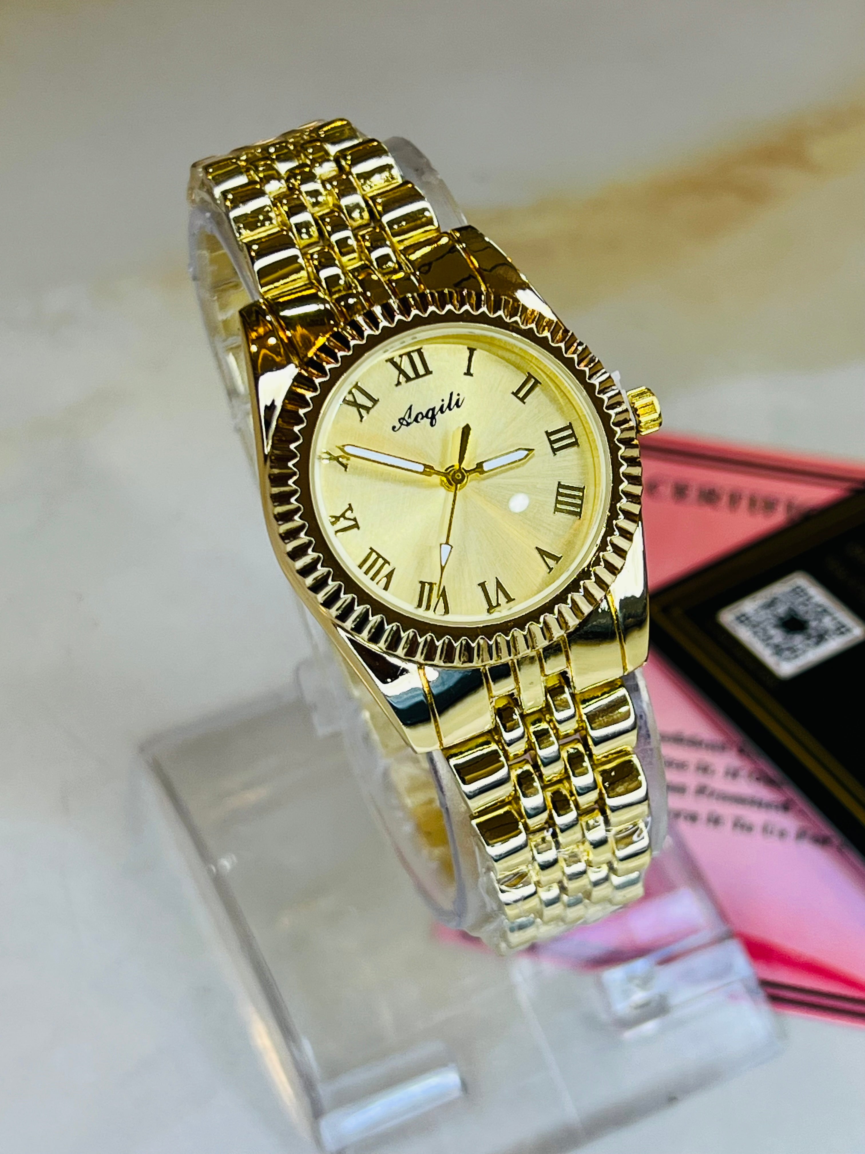 All Gold Aoqili Roman Flutted Watch for her