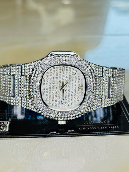 Silver Iced Out Nautilus Watch