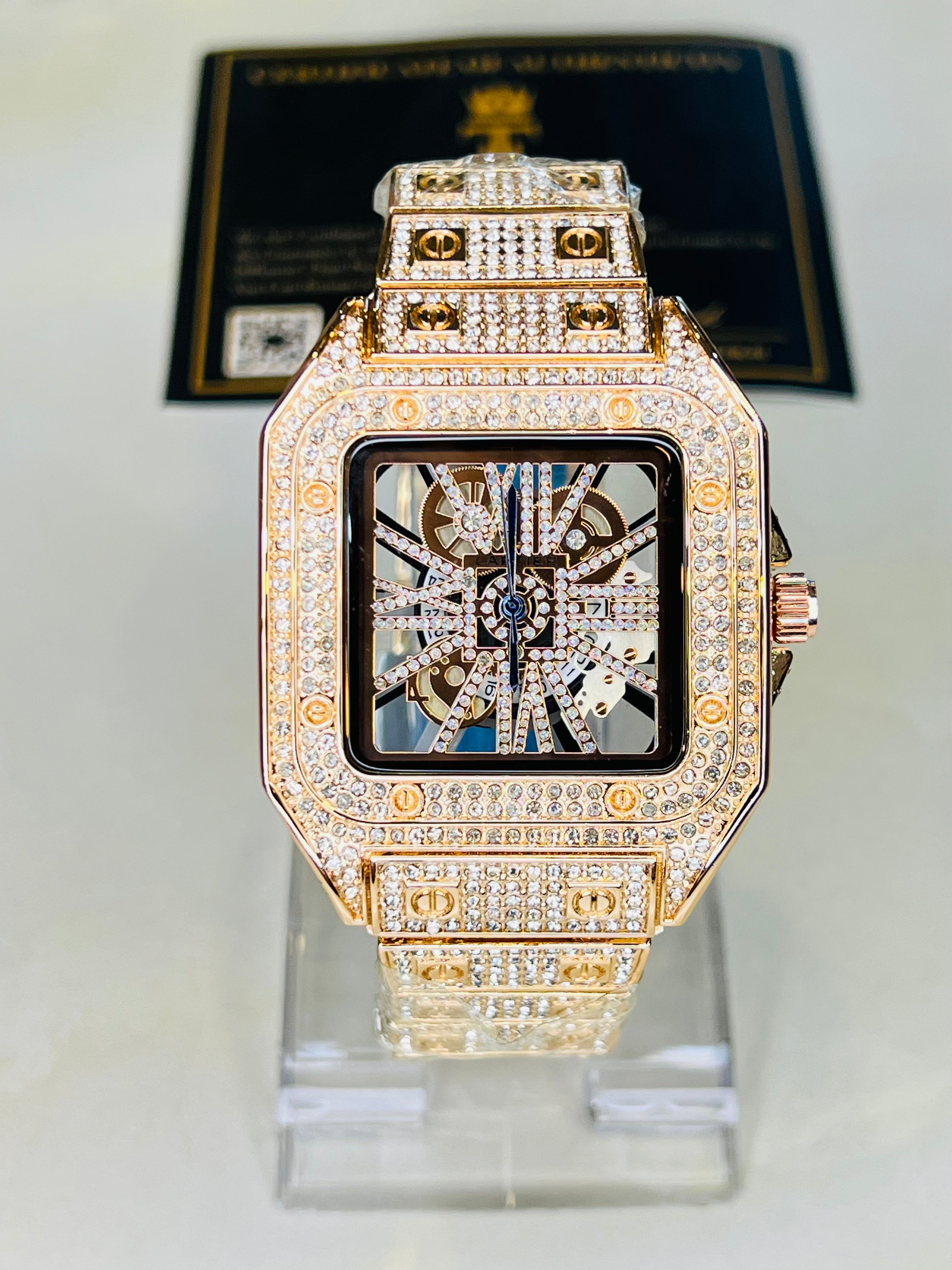 Rose Gold Skeleton Iced Out Watch