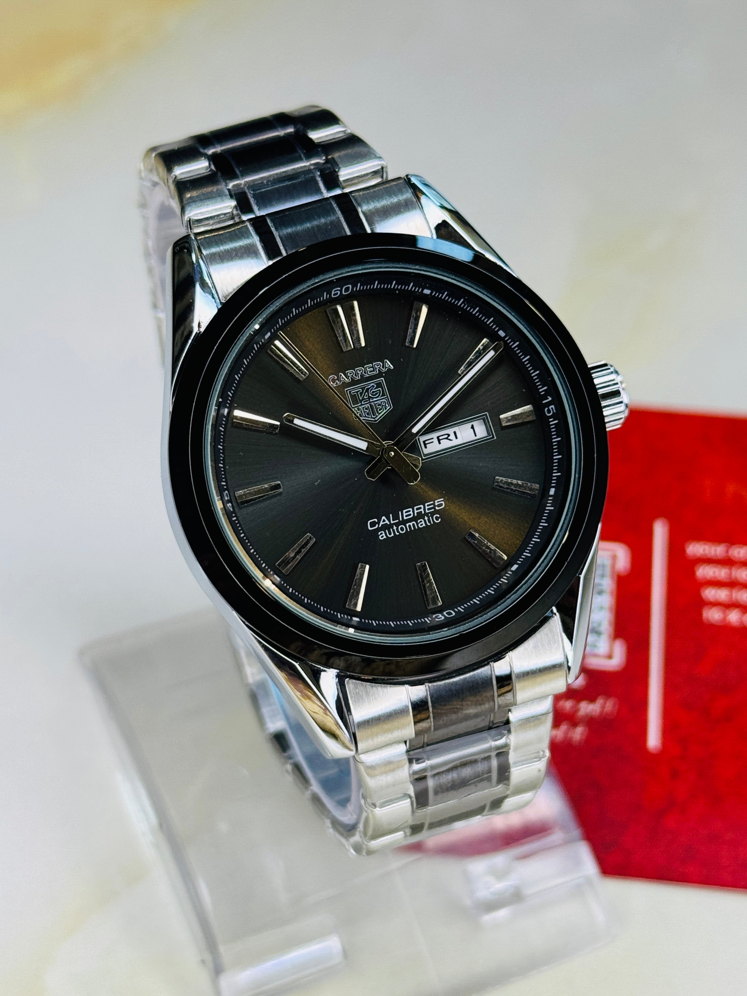 Silver Black Carrera Day Date Chain Strapped Watch