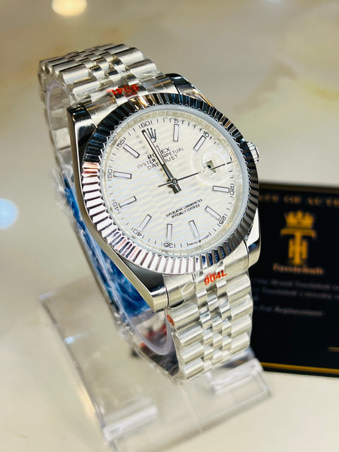 Vertical Date Just Silver Texture White Fluted Bezel Automatic Watch