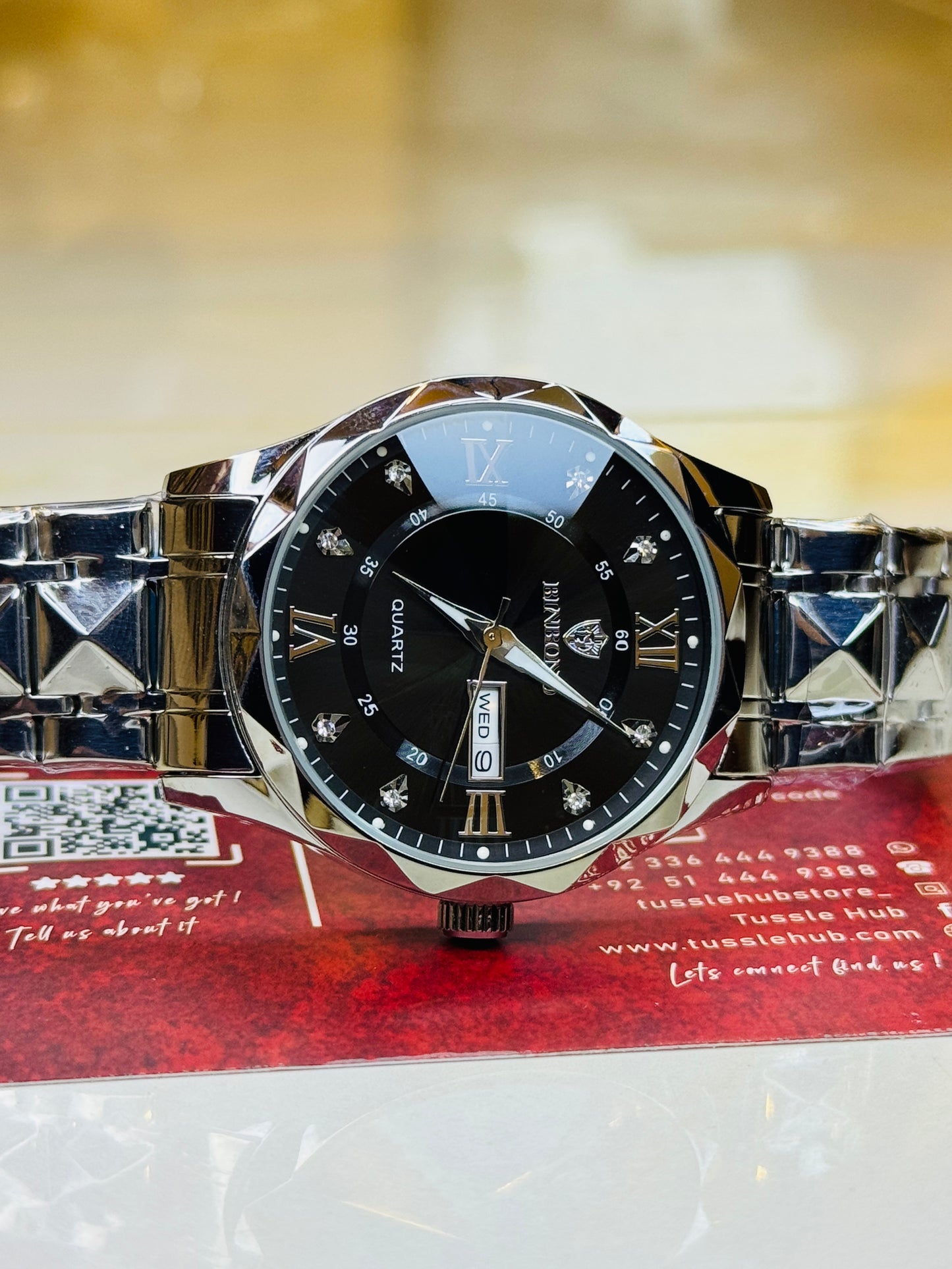 Silver Black Binbond Diamond Dial Watch