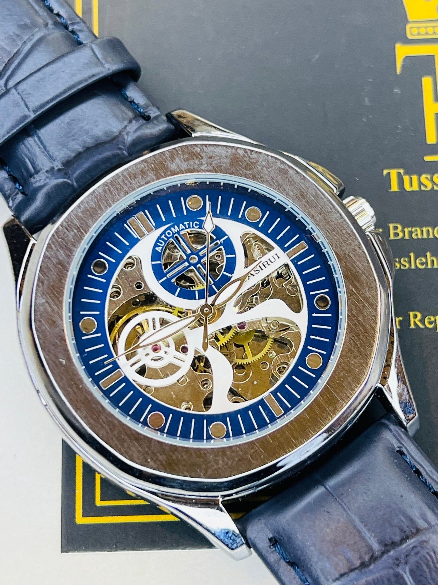 Casirui Blue Silver Automatic Skeleton Leather watch