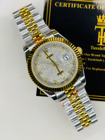 Jubilee Date Just Two Tone Diamond Fluted Grey Textured Dial Quartz Watch