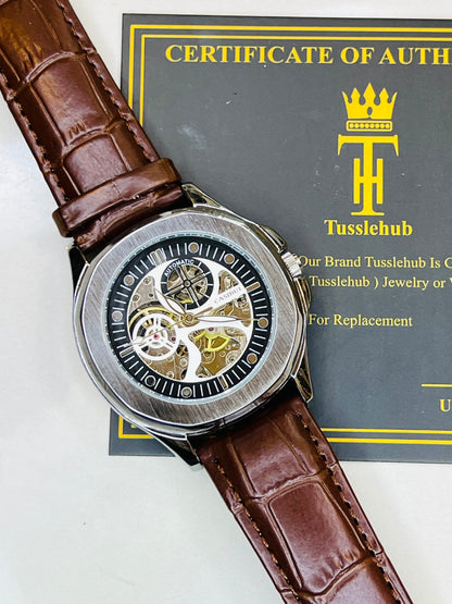 Casirui Brown Silver Automatic Skeleton Leather watch