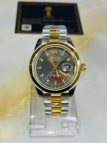 Two Tone Metallic Plain Bezel Date Just Watch