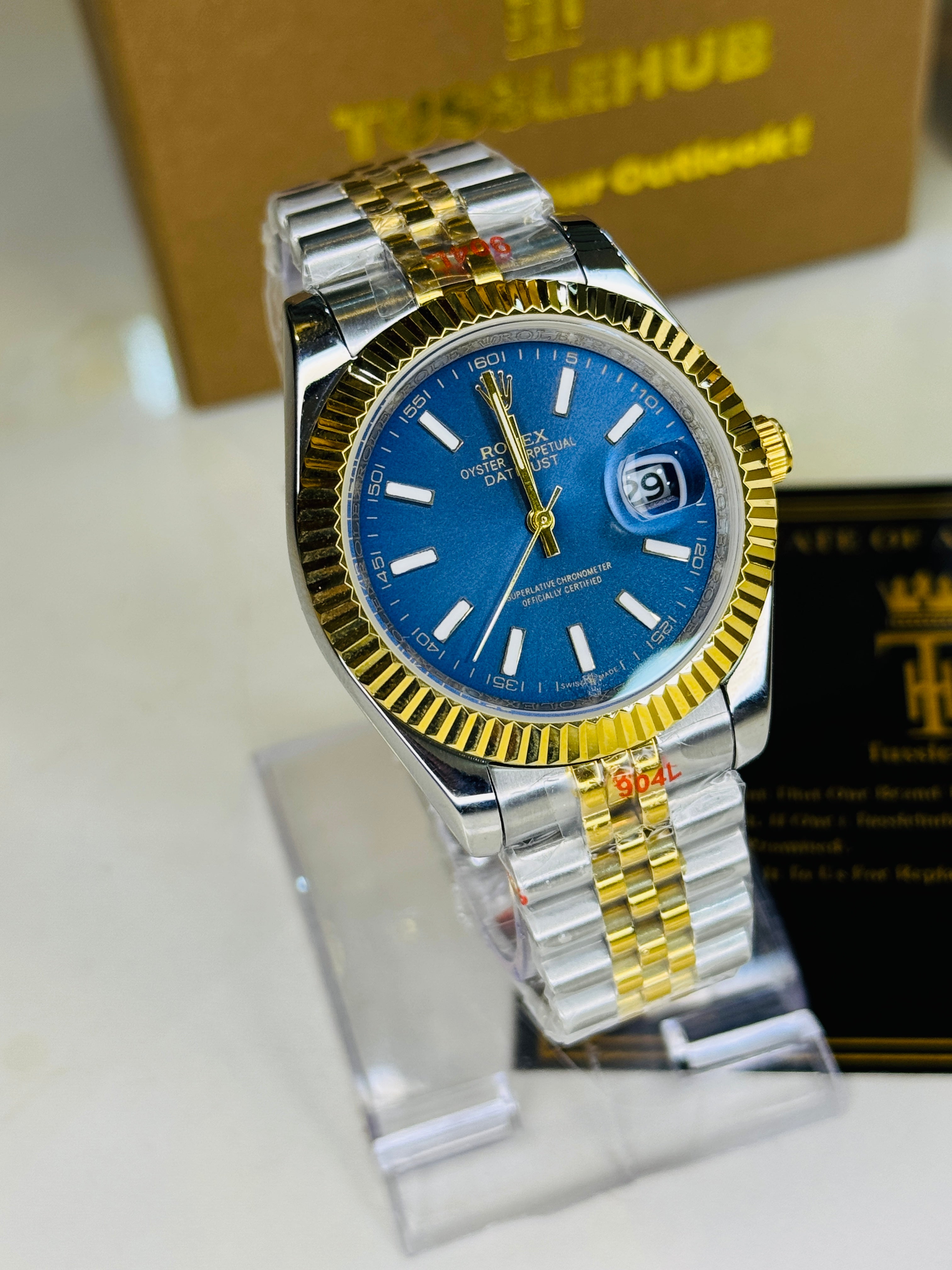 Jubilee Date Just Two Tone Vertical Fluted Blue Dial Quartz Watch