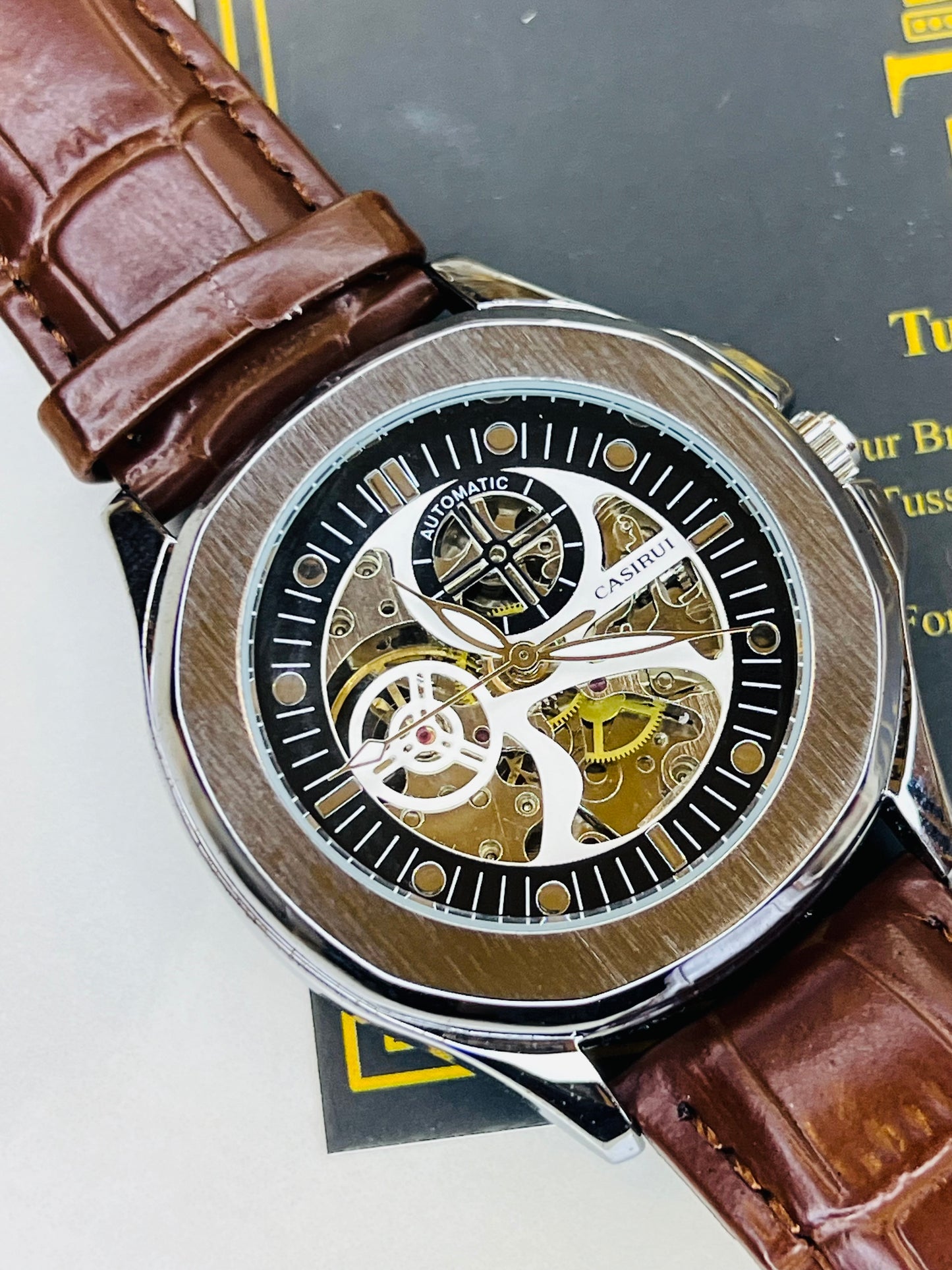 Casirui Brown Silver Automatic Skeleton Leather watch