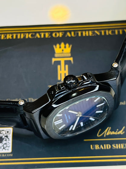 Black Leather Black Sapphire Dial Nautilus Watch