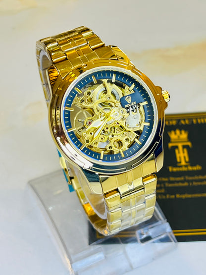 R-2 Gold Navy Chain Strap Skeleton Automatic Watch