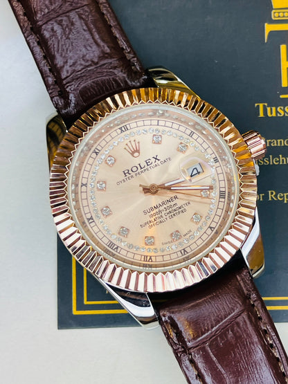 Brown Rose Gold Leather Rolex Watch