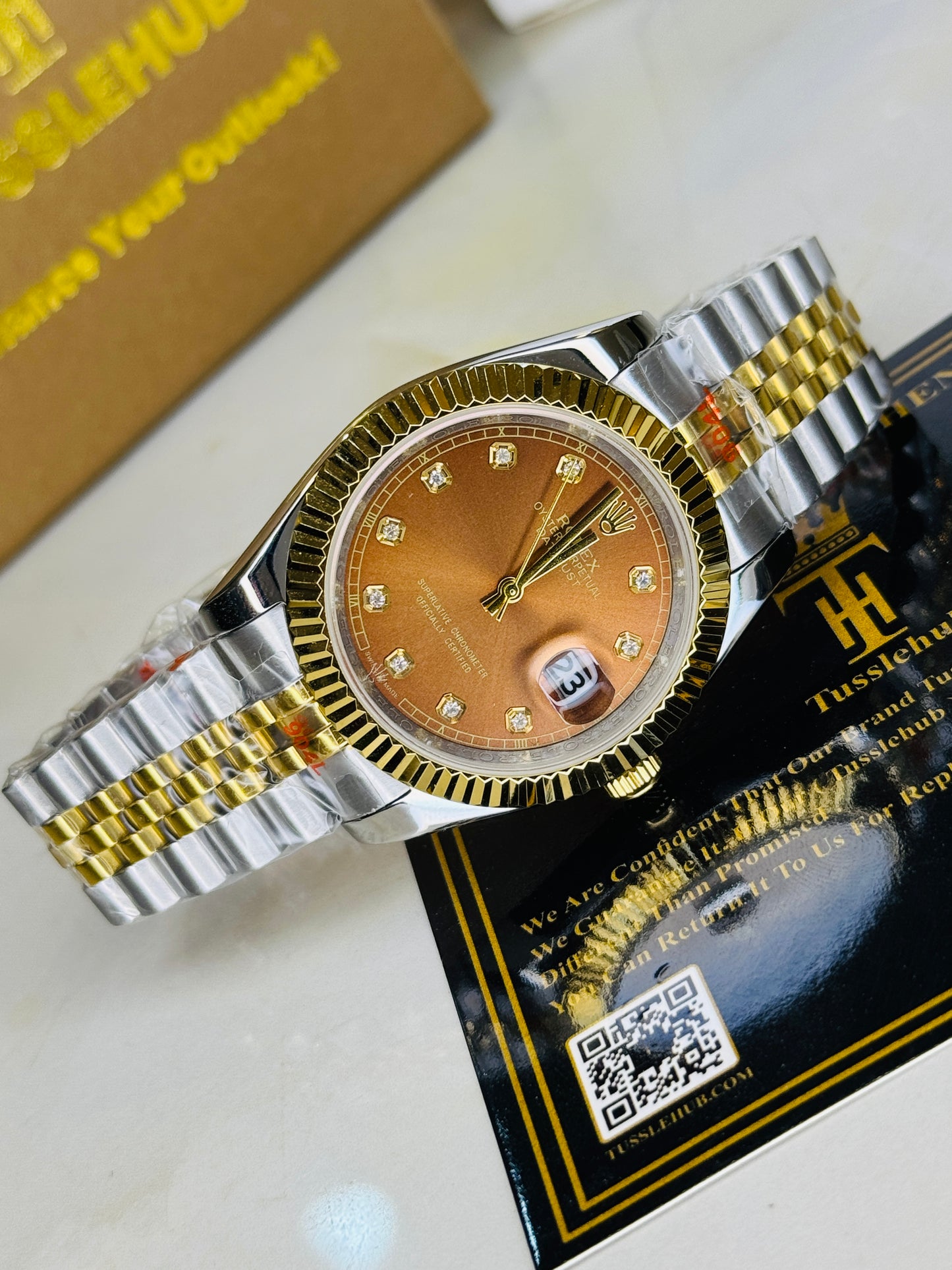 Jubilee Date Just Two Tone Diamond Fluted Chocolate Dial Quartz Watch