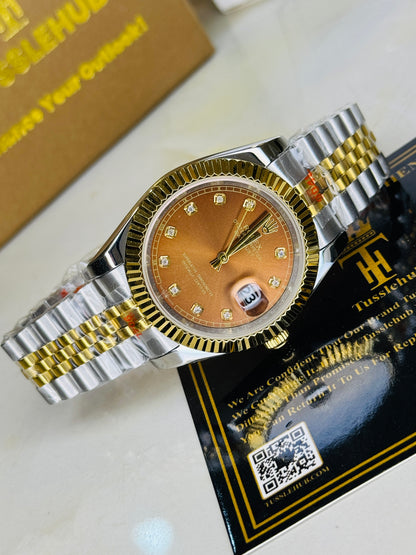 Jubilee Date Just Two Tone Diamond Fluted Chocolate Dial Quartz Watch