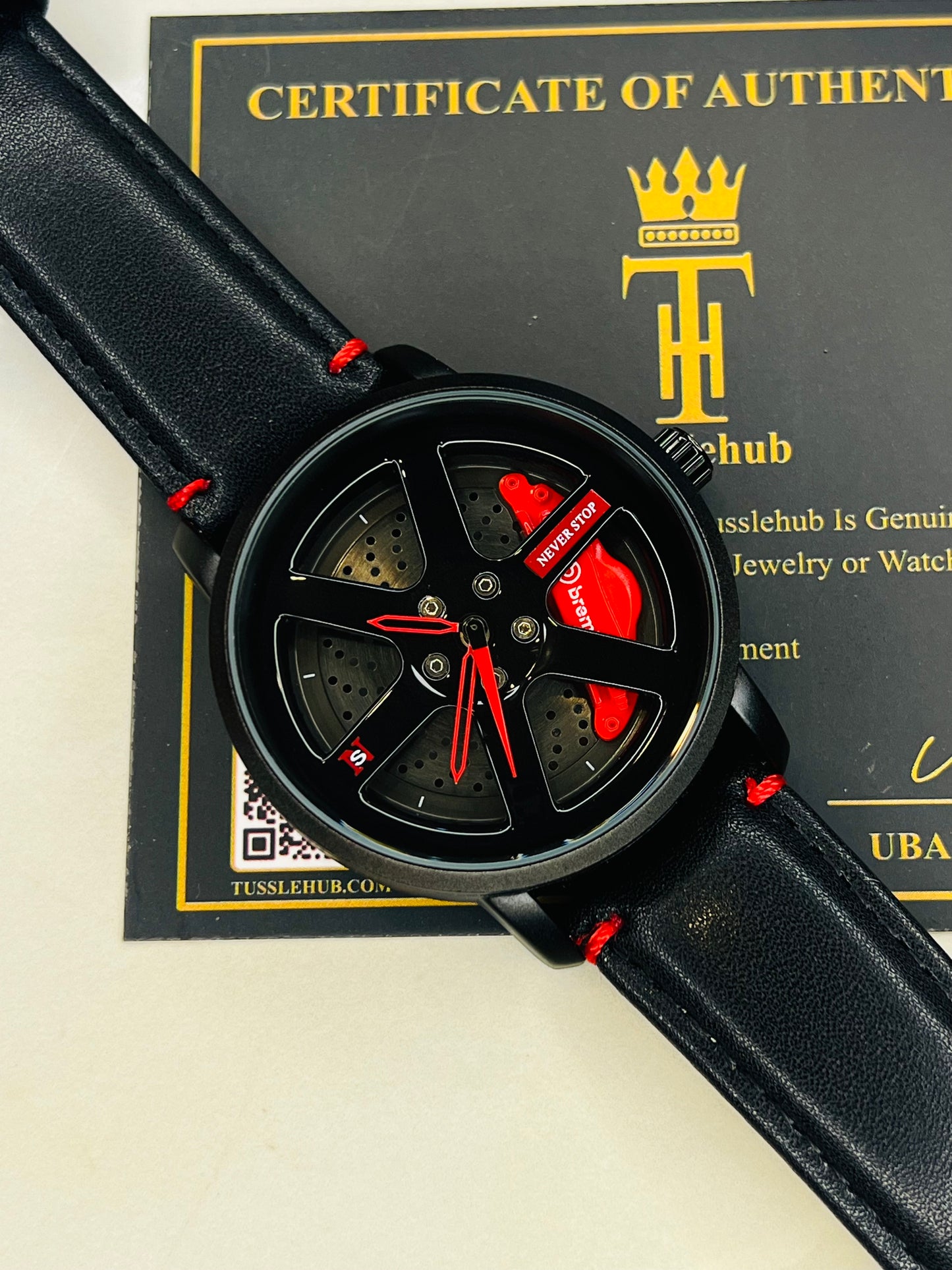 Black Red Leather Strapped Spinner NS Watch