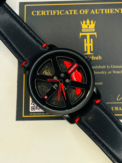 Black Red Leather Strapped Spinner NS Watch