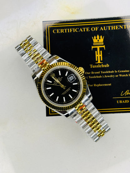 Jubilee Date Just Two Tone Vertical Fluted Black Dial Quartz Watch