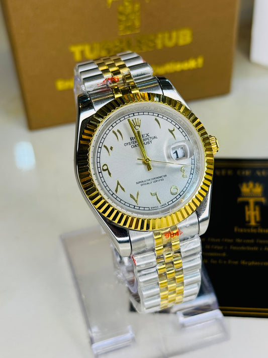 Jubilee Date Just Two Tone Arabic Fluted Grey Dial Quartz Watch