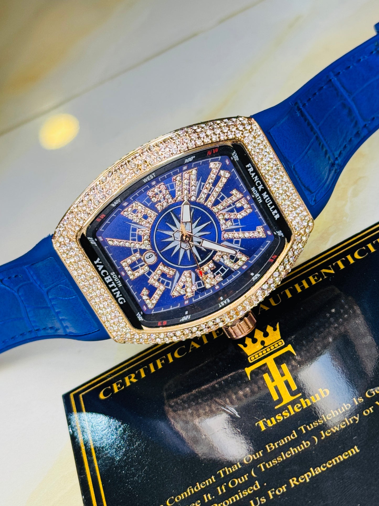 Blue Rose Gold Iced Frank Muller Watch