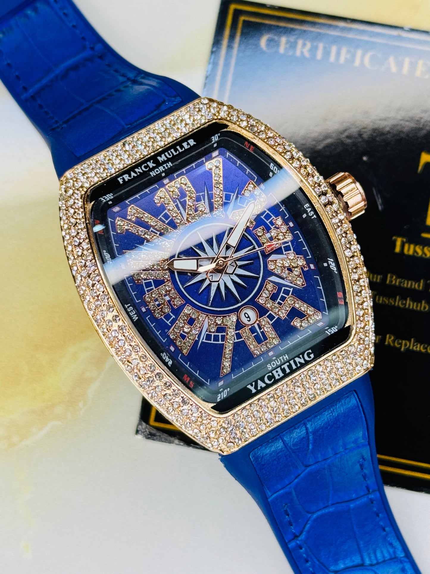 Blue Rose Gold Iced Frank Muller Watch