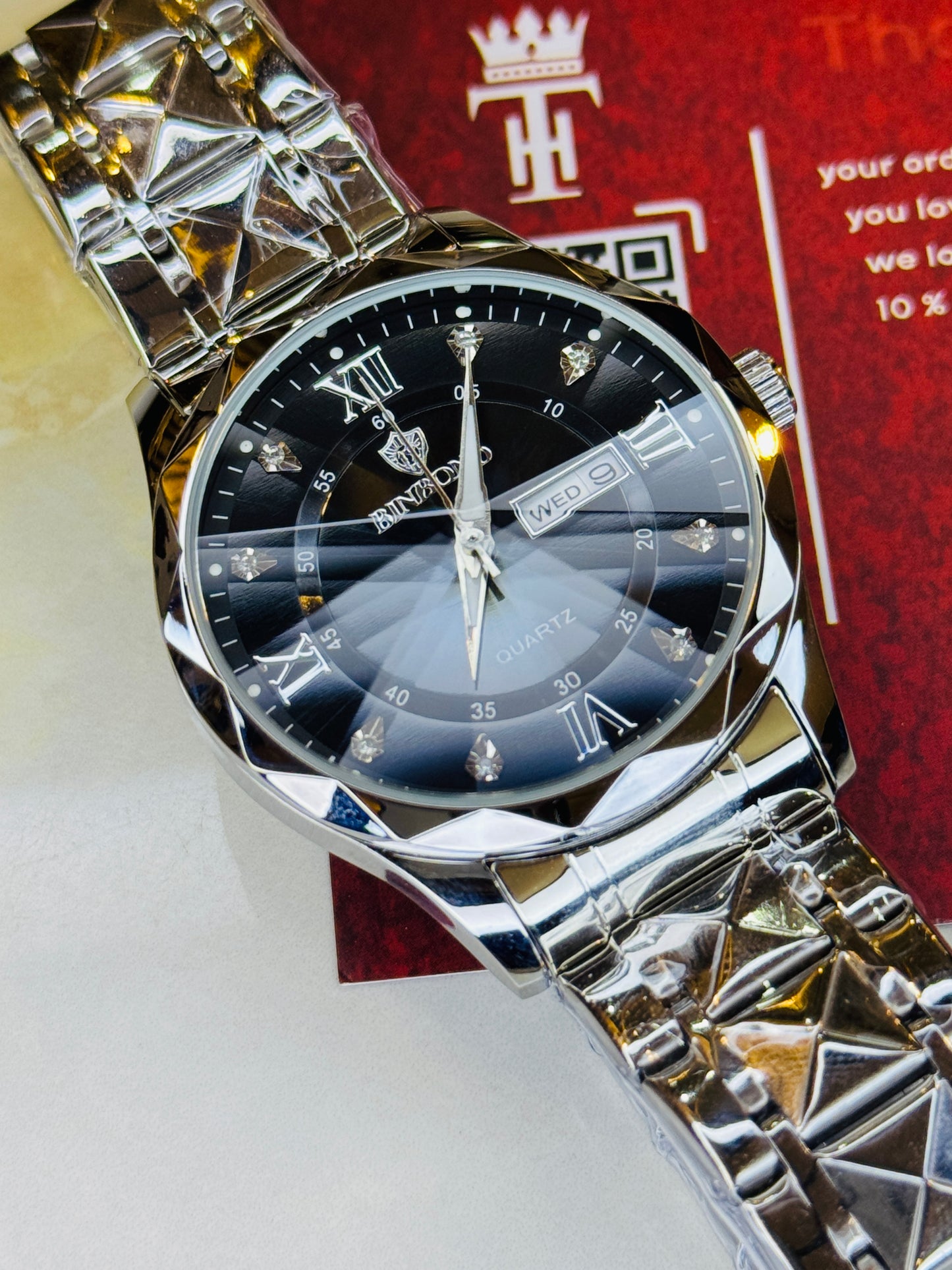 Silver Black Binbond Diamond Dial Watch