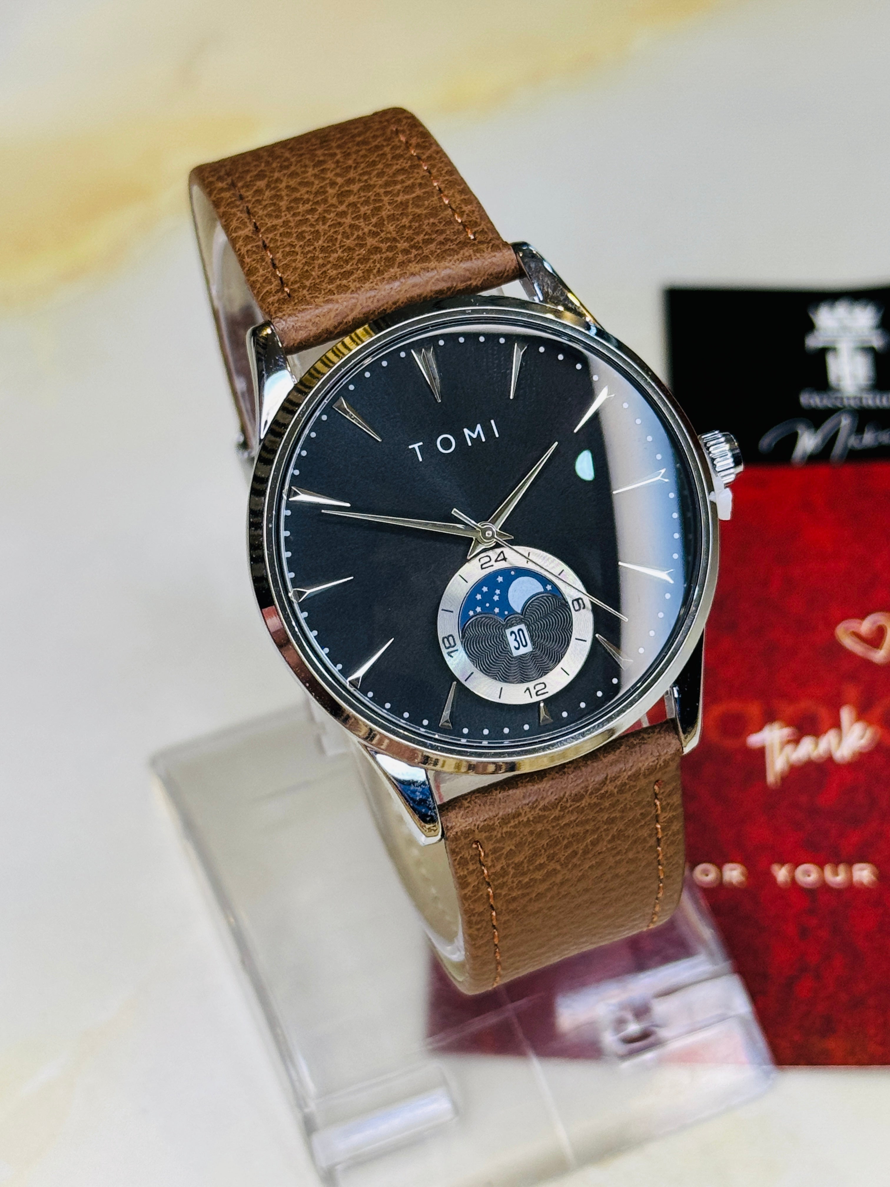 Tomi Brown Silver Leather Magnetic Strap Watch