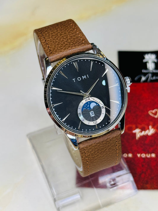 Tomi Brown Silver Leather Magnetic Strap Watch