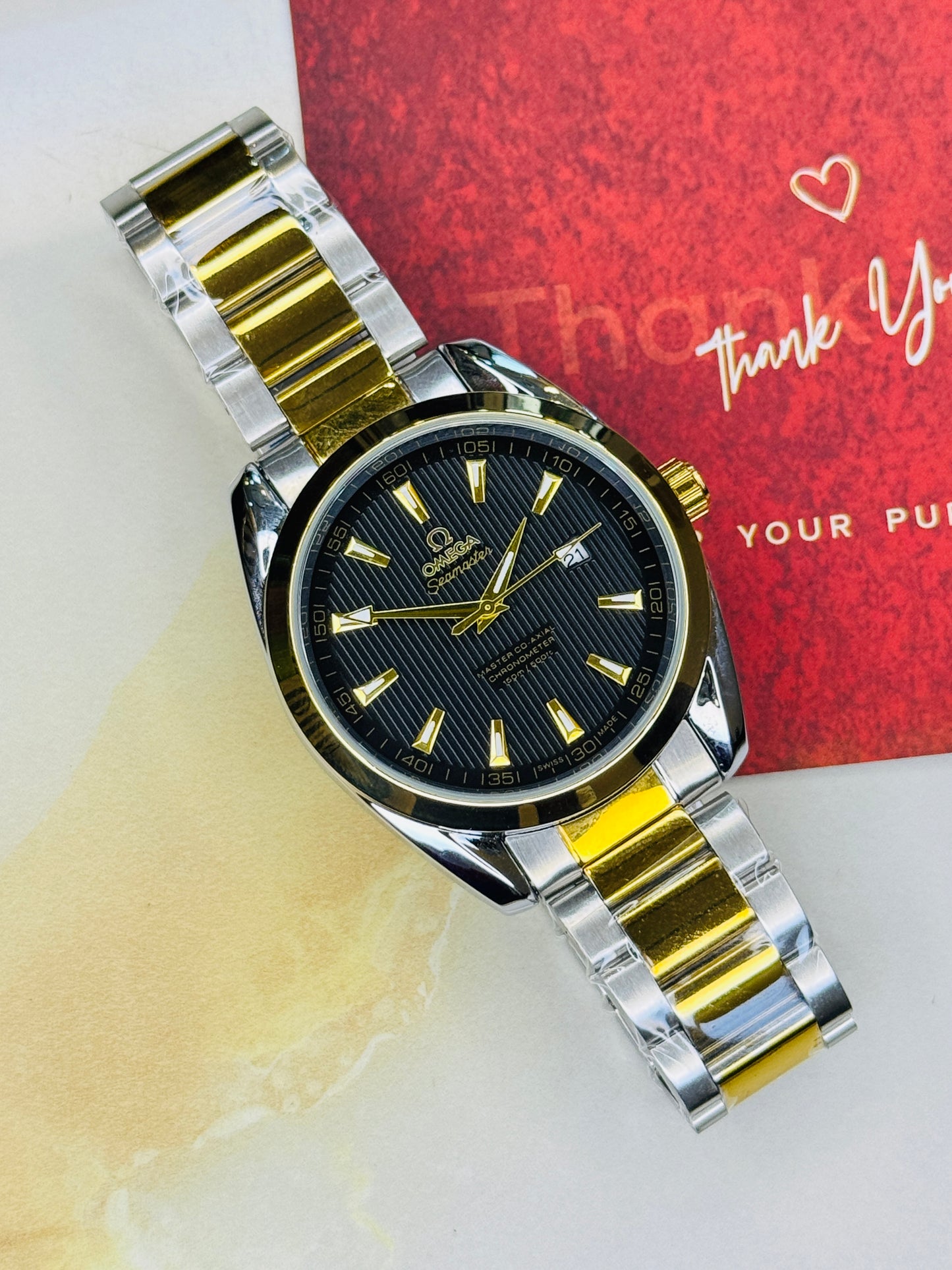 Two Tone Black Chain Strapped Omega Sea Master Watch
