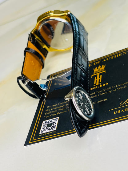 PP Black Leather Strapped Gold Nautilus Watch