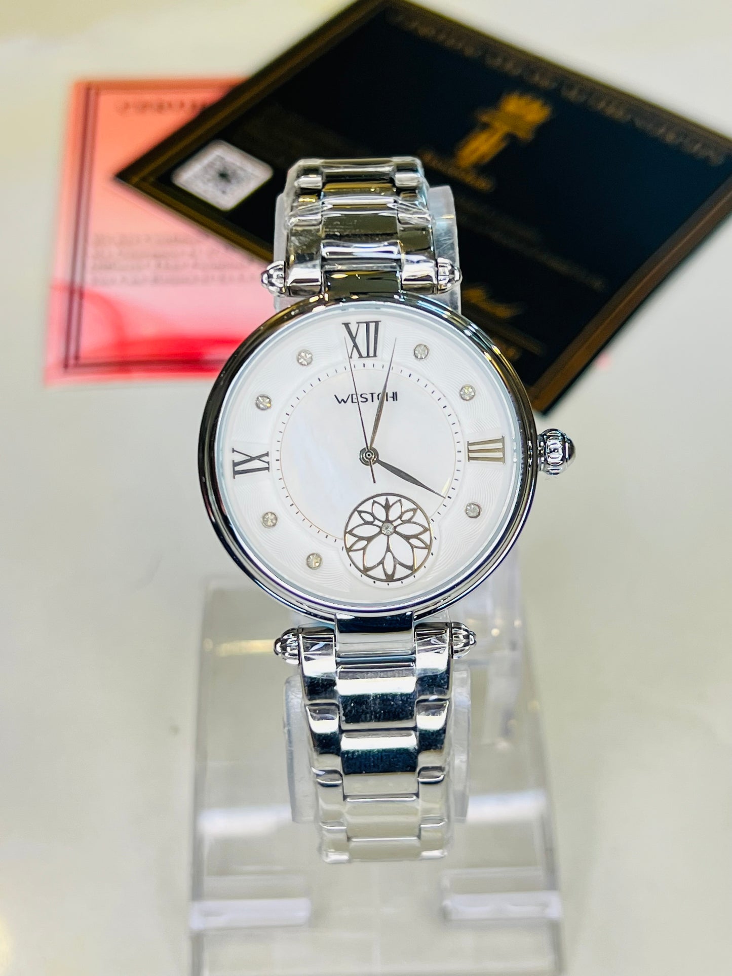 Silver Westchi White Floral Dial Watch For Her