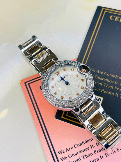 Cartier Silver Copper White iced Dial Watch For Her