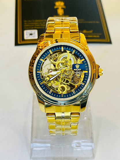 R-2 Gold Navy Chain Strap Skeleton Automatic Watch