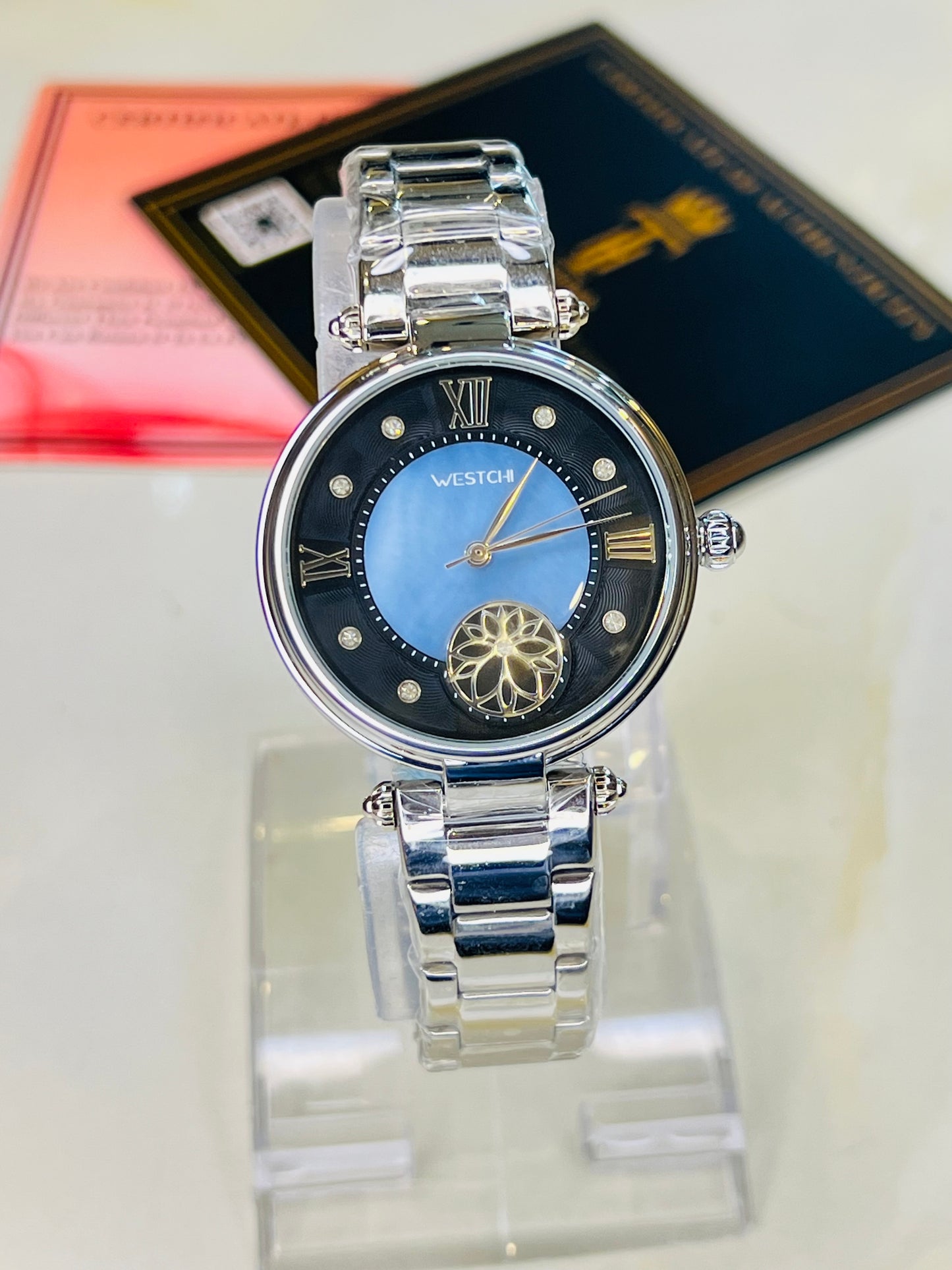 Silver Westchi Blue Black Dial Watch For Her