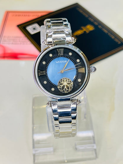 Silver Westchi Blue Black Dial Watch For Her