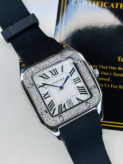 Silver White Iced Tank Silicon Cartier Watch