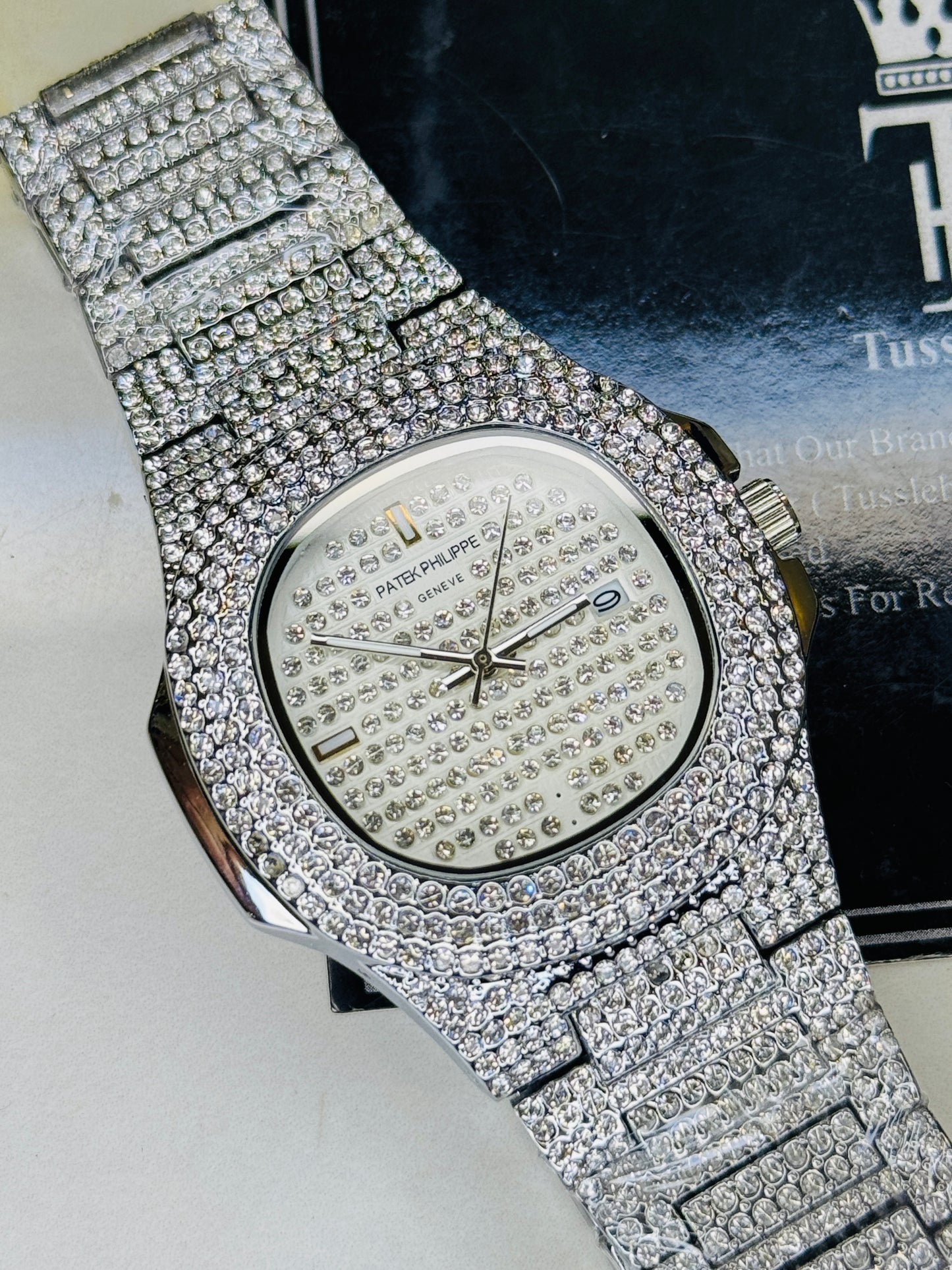 Silver Iced Out Nautilus Watch