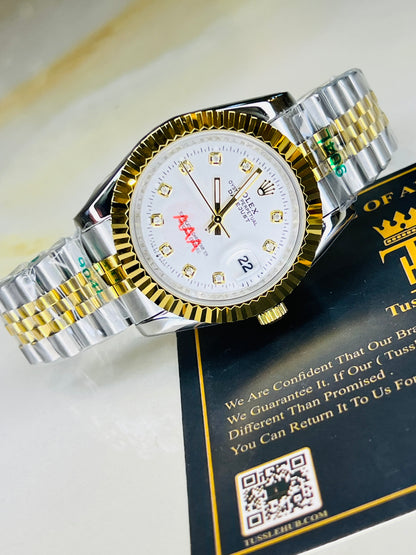 Jubilee Date Just Two Tone Fluted Bezel White Dial Quartz Watch