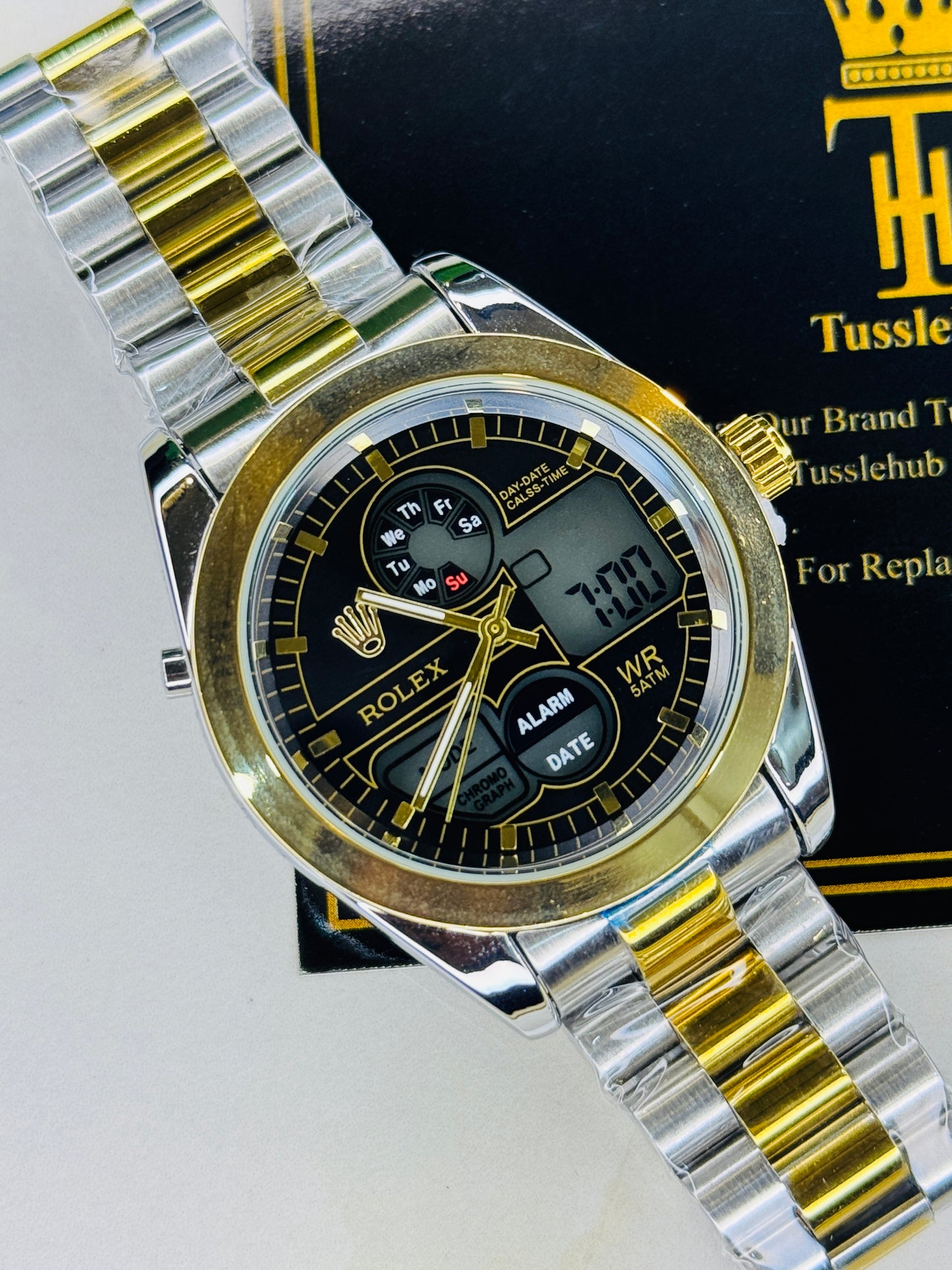 Premium Dual Time Two Tone Black Dial Watch