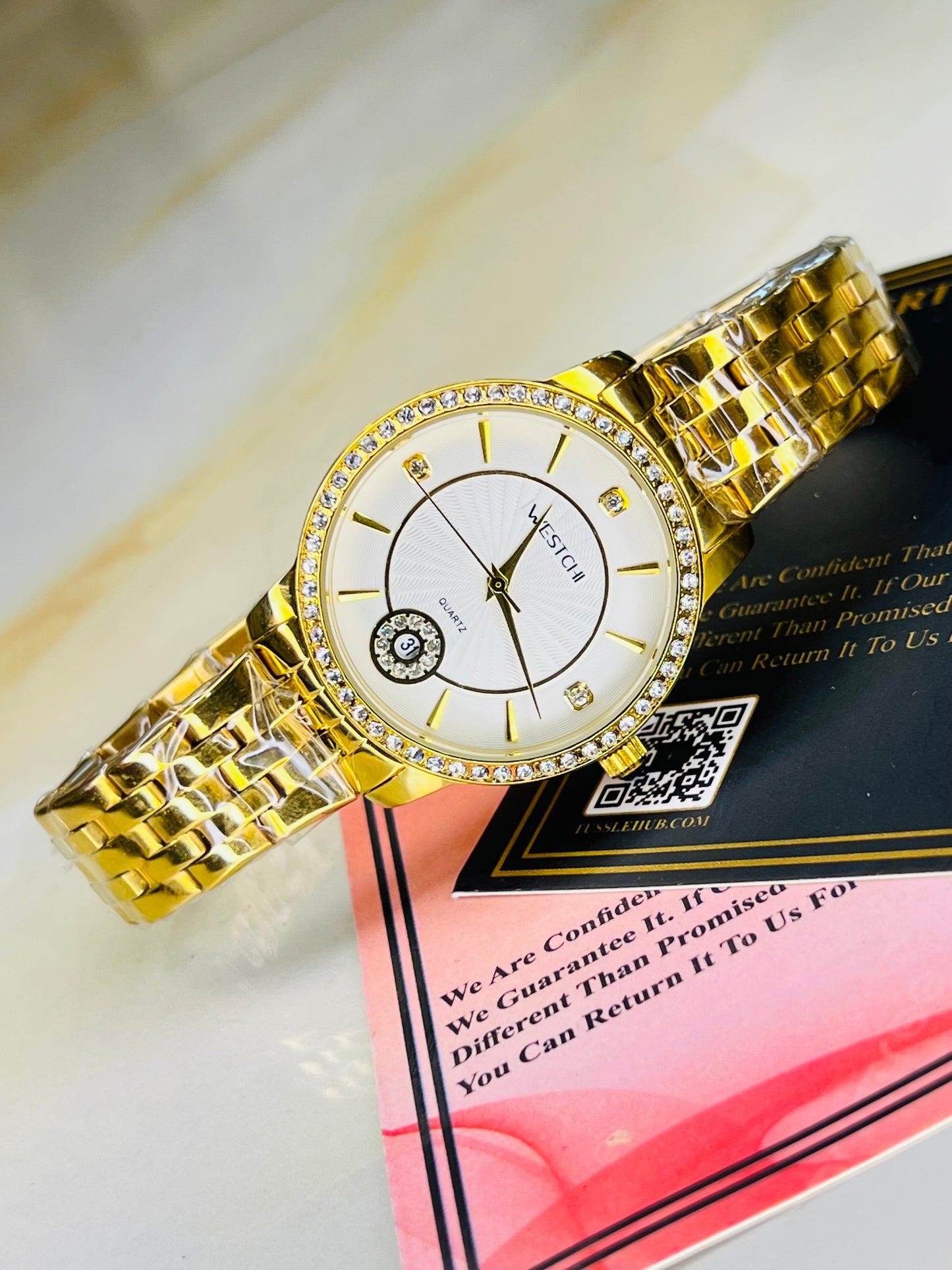 Gold Westchi White Iced Date Dial Watch For Her
