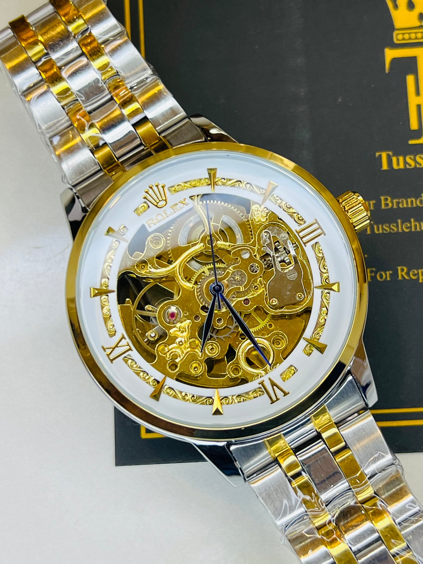 R-1 Two Tone White Chain Strap Skeleton Automatic Watch