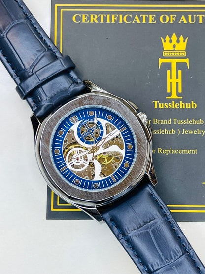 Casirui Blue Silver Automatic Skeleton Leather watch