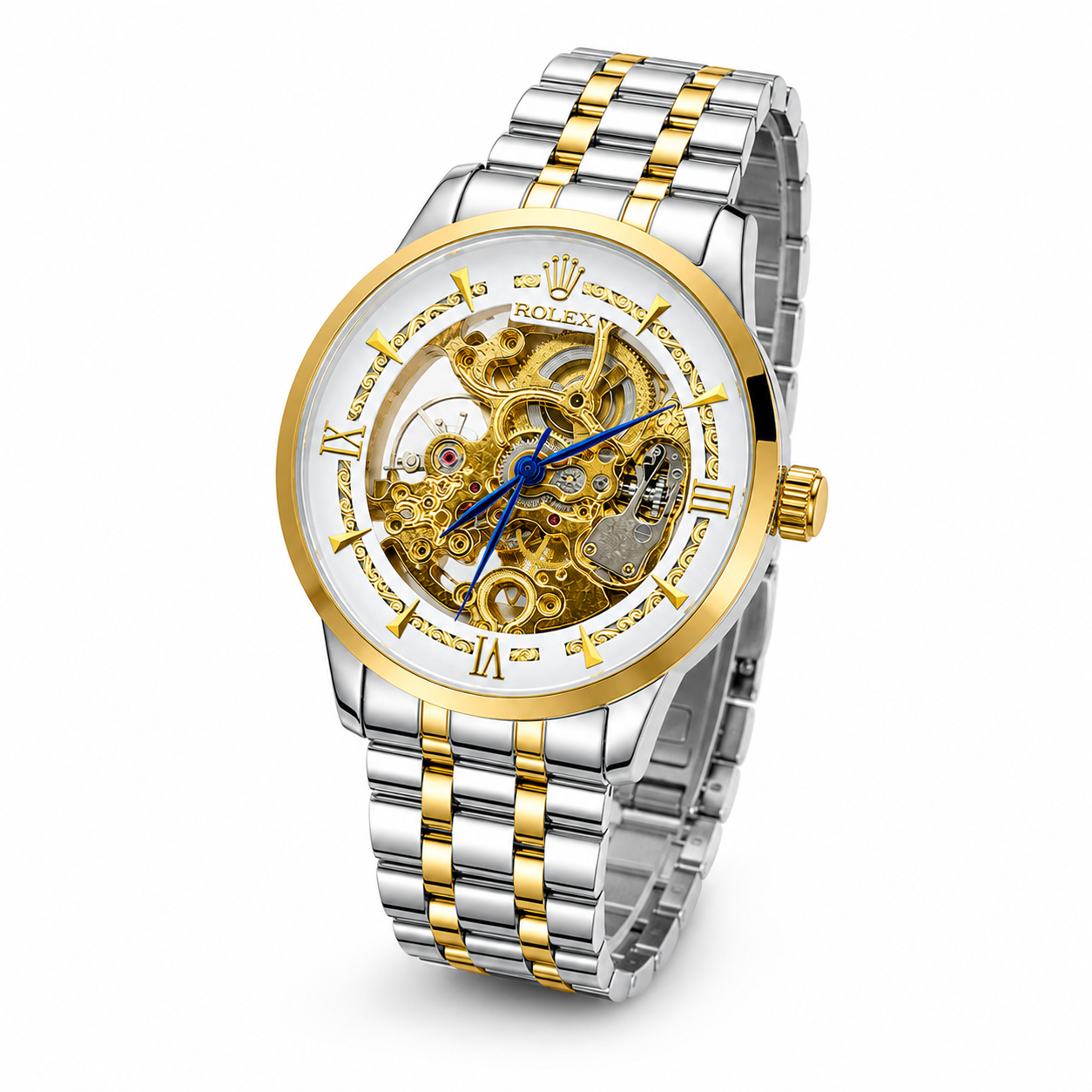 R-1 Two Tone White Chain Strap Skeleton Automatic Watch