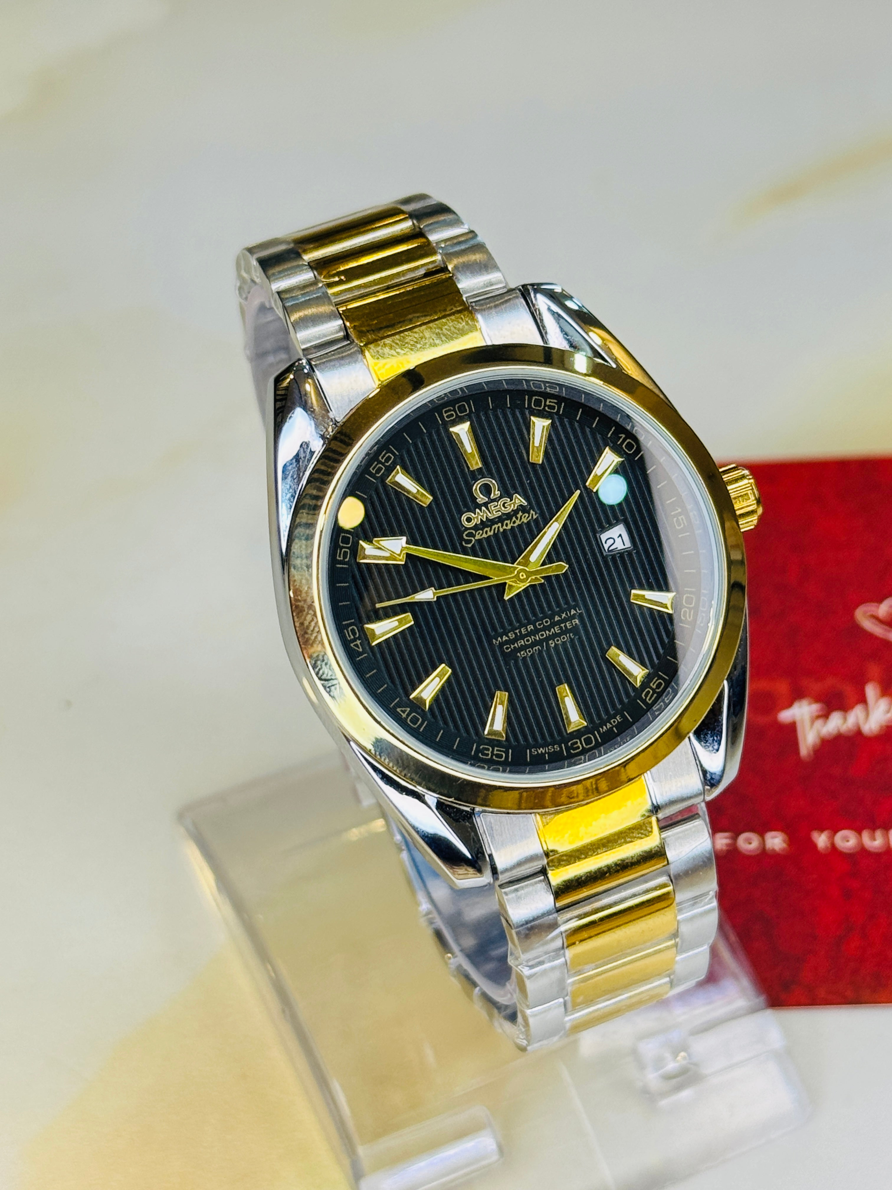 Two Tone Black Chain Strapped Omega Sea Master Watch