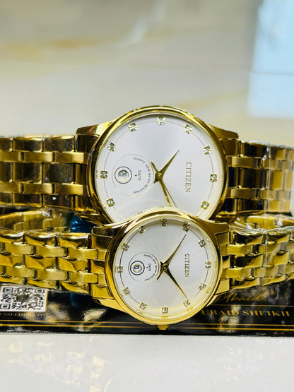 Gold White Down Date Citizen Couple Watch