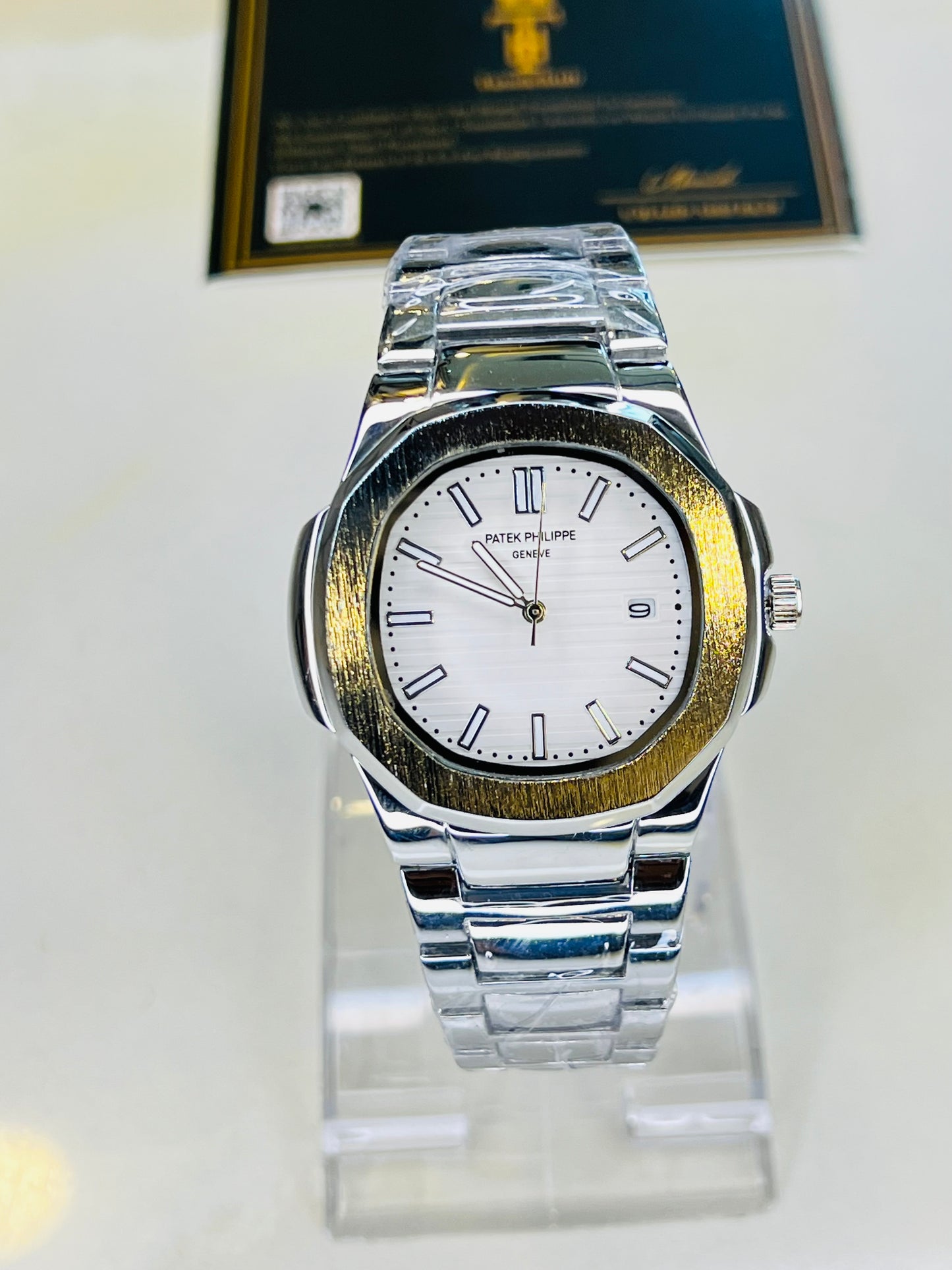 Silver Nautilus White Dial Watch