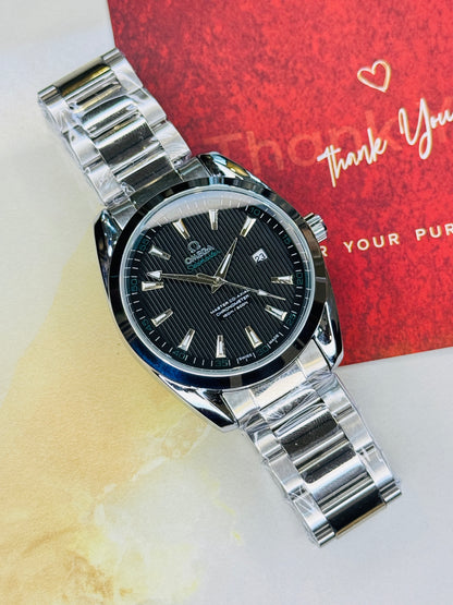 Silver Black Chain Strapped Omega Sea Master Watch